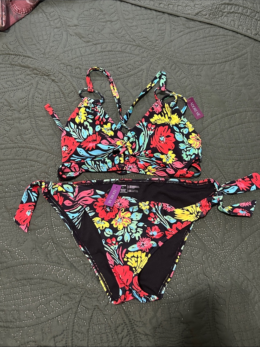 Adore Me Black Floral Tie-Side Bikini with Red, Yellow & Aqua Accents